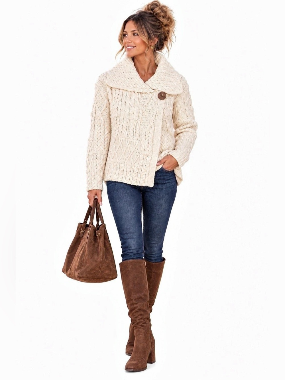 Aran Woollen Mills Chunky Cable Knit 100% Merino Wool Cardigan Cream Size Small